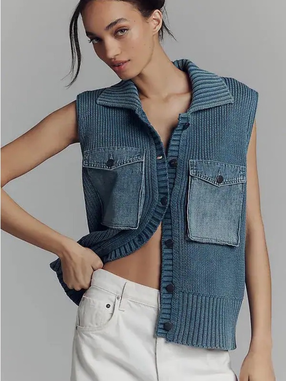 Pilcro Reworked Denim Collared Sweater Vest